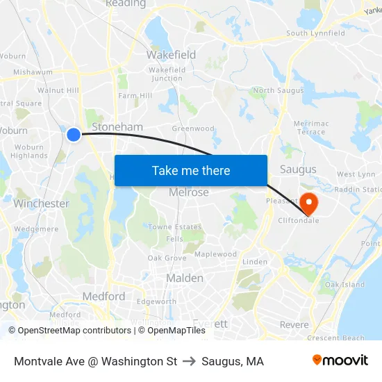 Montvale Ave @ Washington St to Saugus, MA map