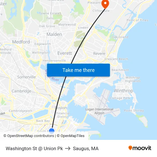 Washington St @ Union Pk to Saugus, MA map