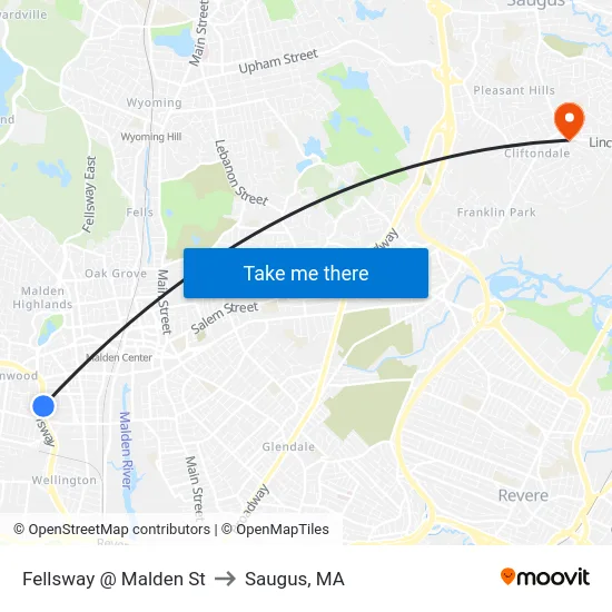 Fellsway @ Malden St to Saugus, MA map