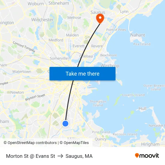 Morton St @ Evans St to Saugus, MA map