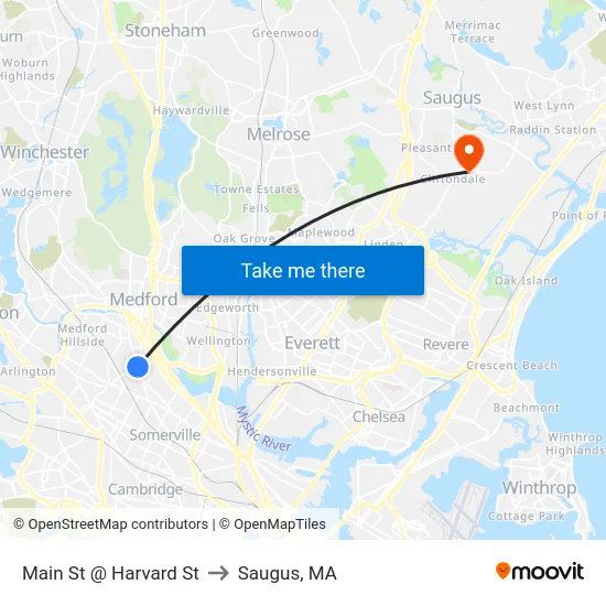 Main St @ Harvard St to Saugus, MA map