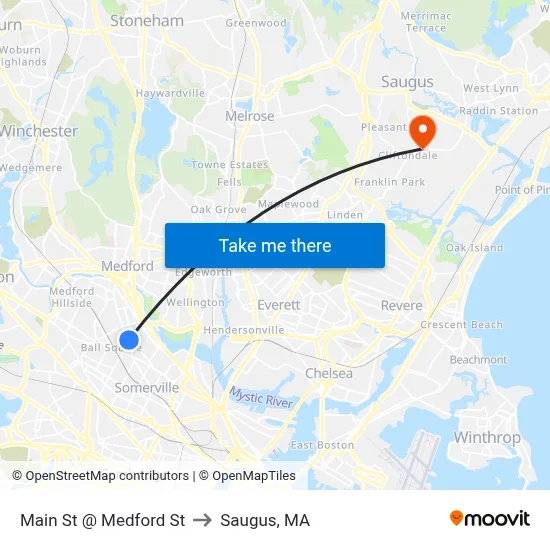 Main St @ Medford St to Saugus, MA map