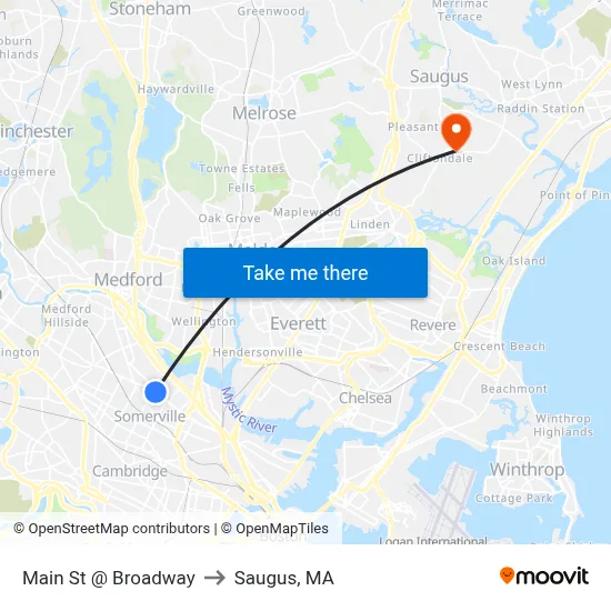 Main St @ Broadway to Saugus, MA map