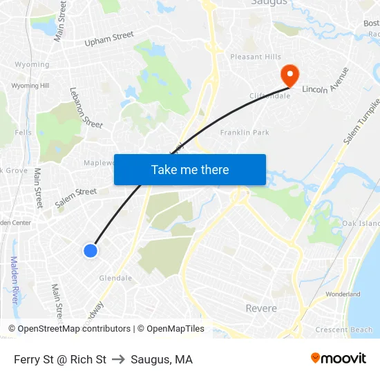 Ferry St @ Rich St to Saugus, MA map