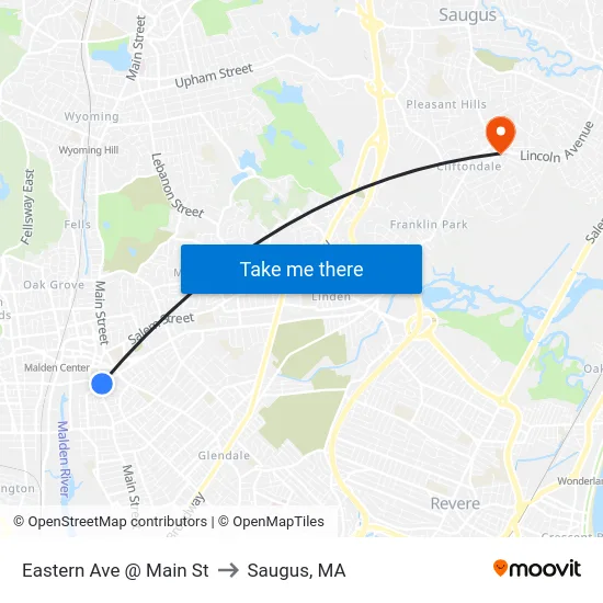 Eastern Ave @ Main St to Saugus, MA map
