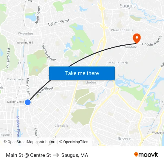 Main St @ Centre St to Saugus, MA map