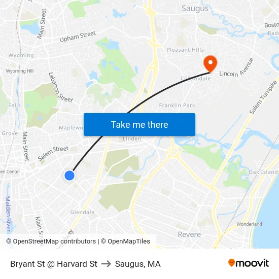 Bryant St @ Harvard St to Saugus, MA map