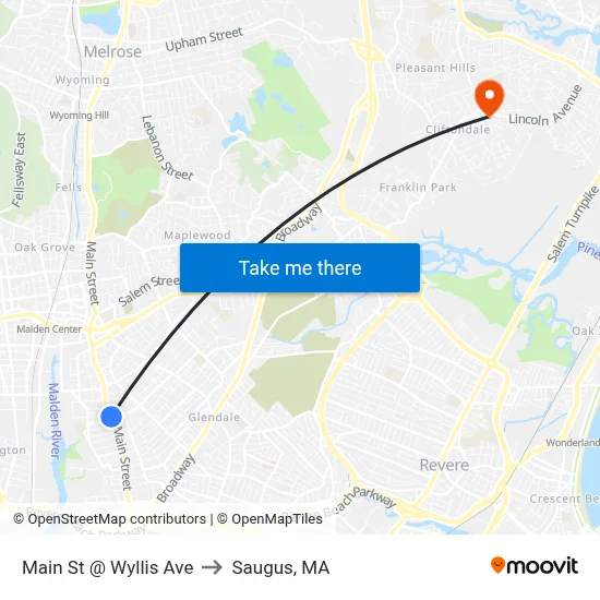 Main St @ Wyllis Ave to Saugus, MA map