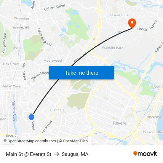 Main St @ Everett St to Saugus, MA map