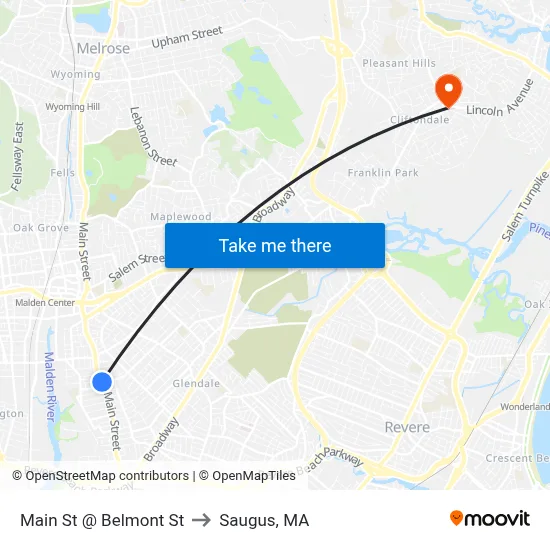 Main St @ Belmont St to Saugus, MA map