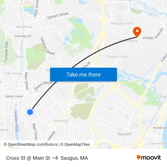 Cross St @ Main St to Saugus, MA map