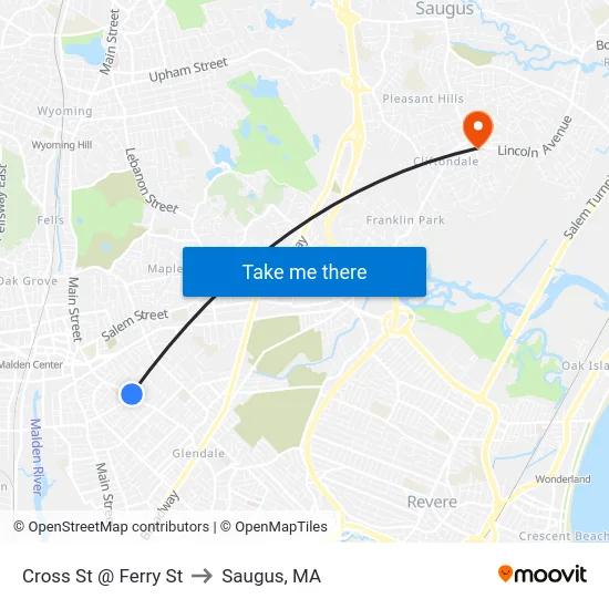 Cross St @ Ferry St to Saugus, MA map