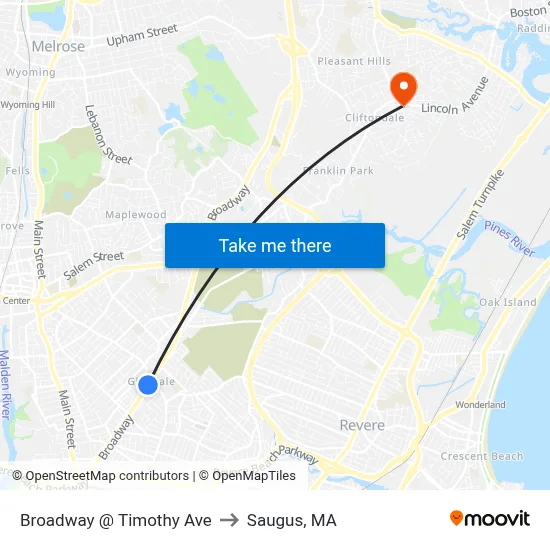 Broadway @ Timothy Ave to Saugus, MA map