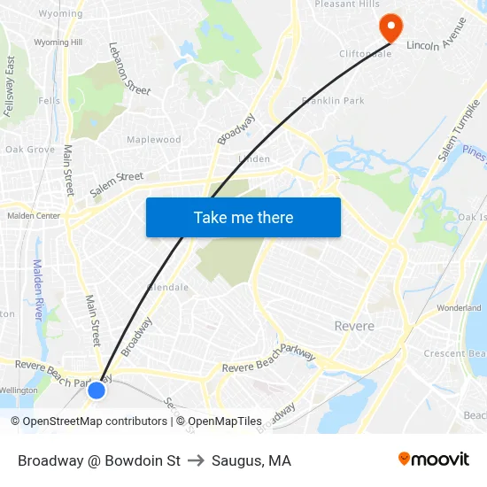 Broadway @ Bowdoin St to Saugus, MA map