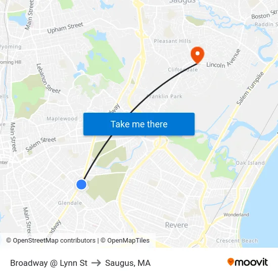 Broadway @ Lynn St to Saugus, MA map