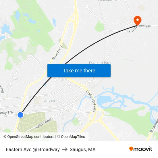 Eastern Ave @ Broadway to Saugus, MA map