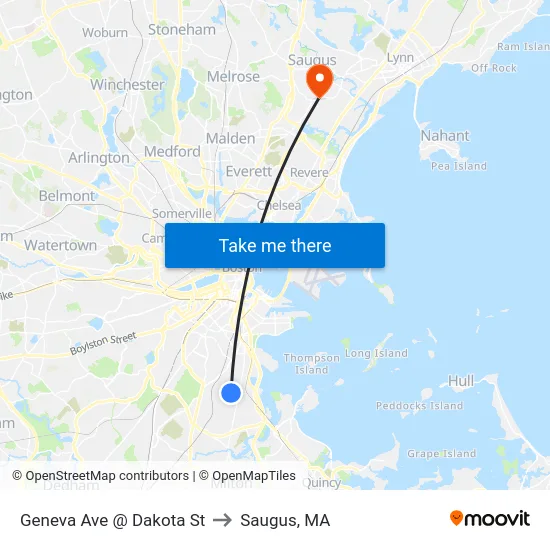 Geneva Ave @ Dakota St to Saugus, MA map