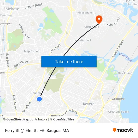 Ferry St @ Elm St to Saugus, MA map