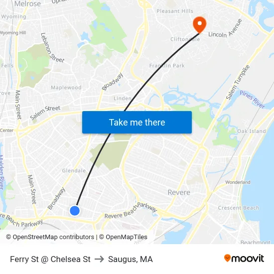 Ferry St @ Chelsea St to Saugus, MA map