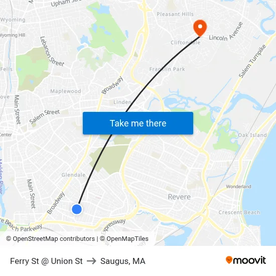 Ferry St @ Union St to Saugus, MA map