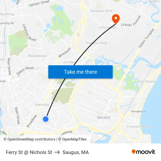 Ferry St @ Nichols St to Saugus, MA map