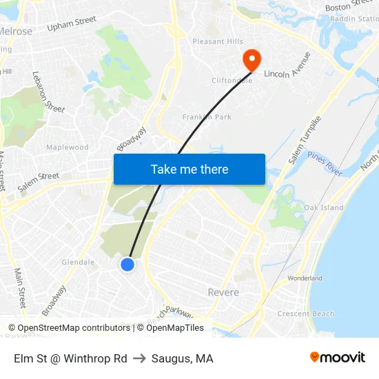 Elm St @ Winthrop Rd to Saugus, MA map