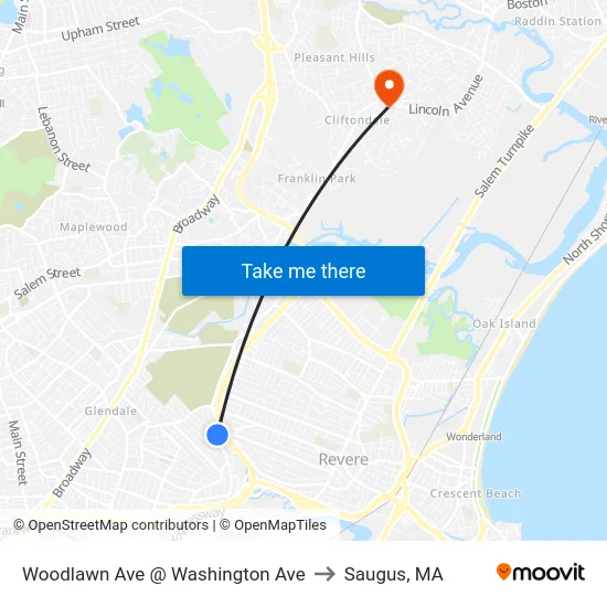 Woodlawn Ave @ Washington Ave to Saugus, MA map