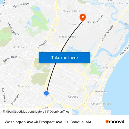 Washington Ave @ Prospect Ave to Saugus, MA map
