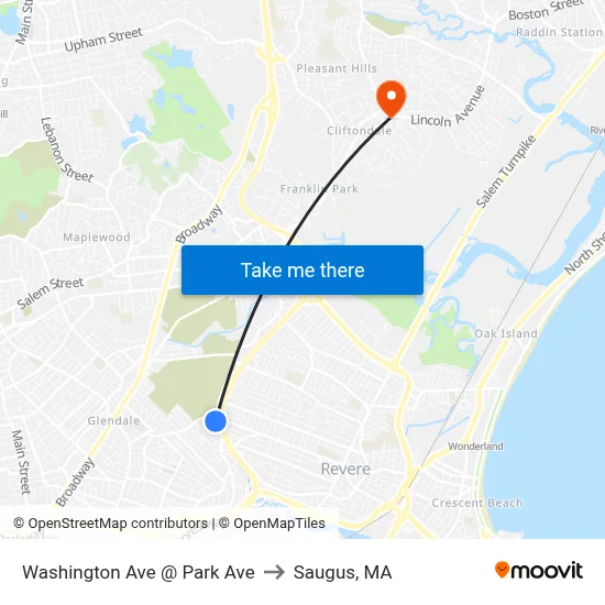 Washington Ave @ Park Ave to Saugus, MA map