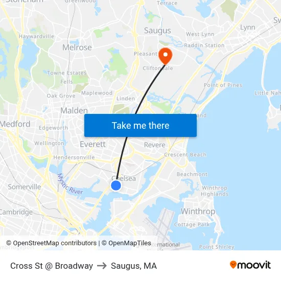 Cross St @ Broadway to Saugus, MA map