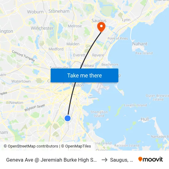 Geneva Ave @ Jeremiah Burke High School to Saugus, MA map