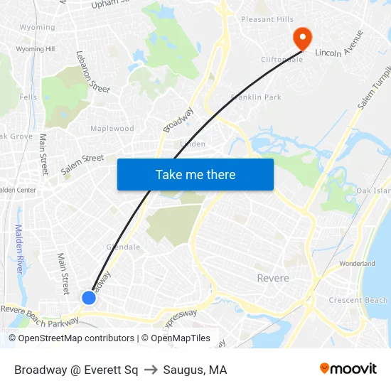 Broadway @ Everett Sq to Saugus, MA map