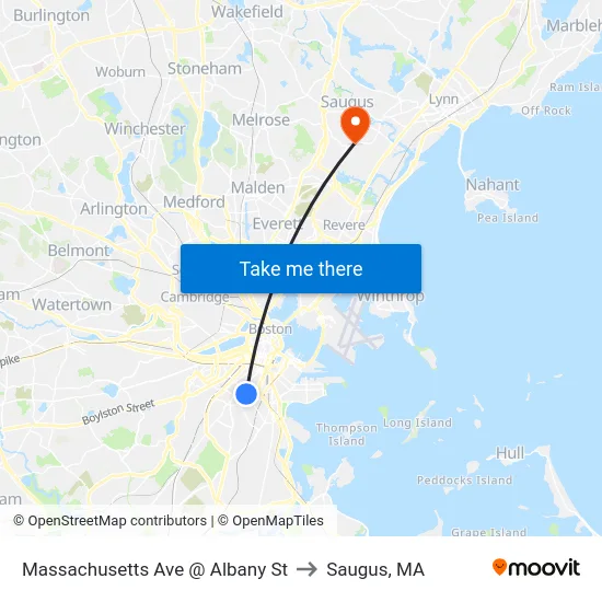 Massachusetts Ave @ Albany St to Saugus, MA map