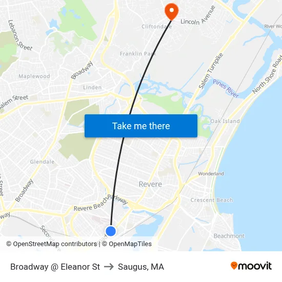 Broadway @ Eleanor St to Saugus, MA map