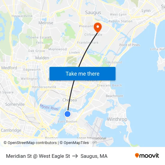 Meridian St @ West Eagle St to Saugus, MA map