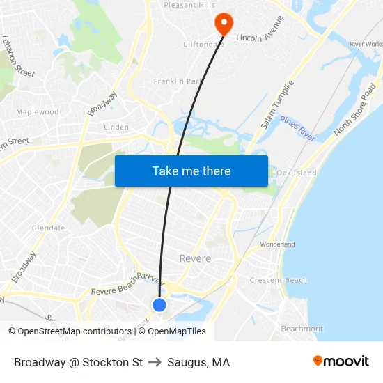 Broadway @ Stockton St to Saugus, MA map