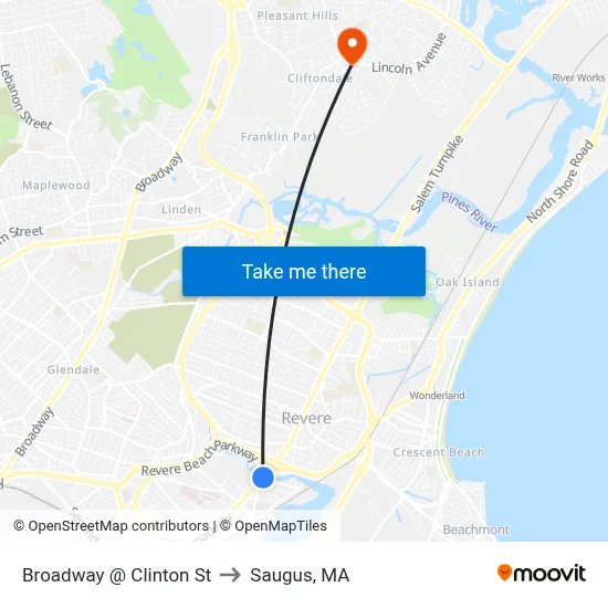 Broadway @ Clinton St to Saugus, MA map