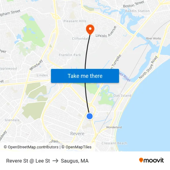 Revere St @ Lee St to Saugus, MA map