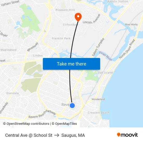 Central Ave @ School St to Saugus, MA map