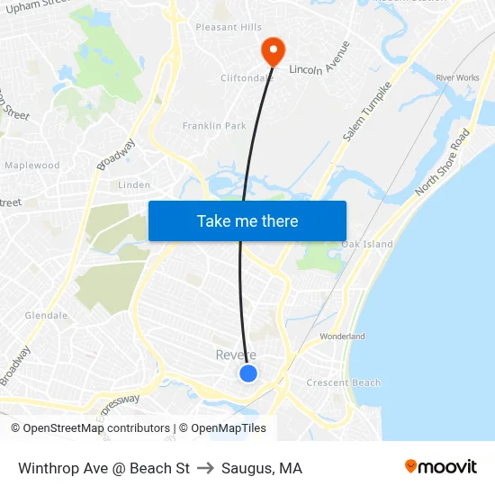 Winthrop Ave @ Beach St to Saugus, MA map