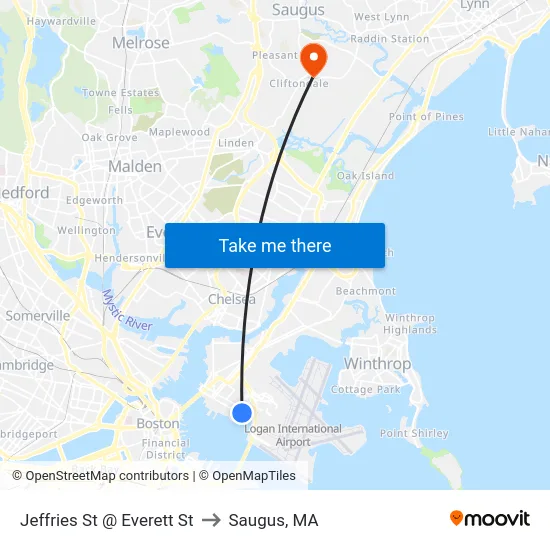 Jeffries St @ Everett St to Saugus, MA map