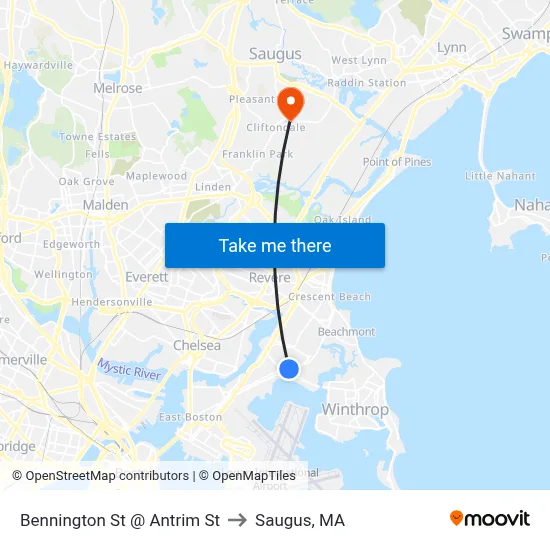 Bennington St @ Antrim St to Saugus, MA map