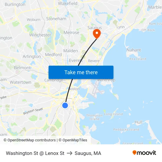 Washington St @ Lenox St to Saugus, MA map