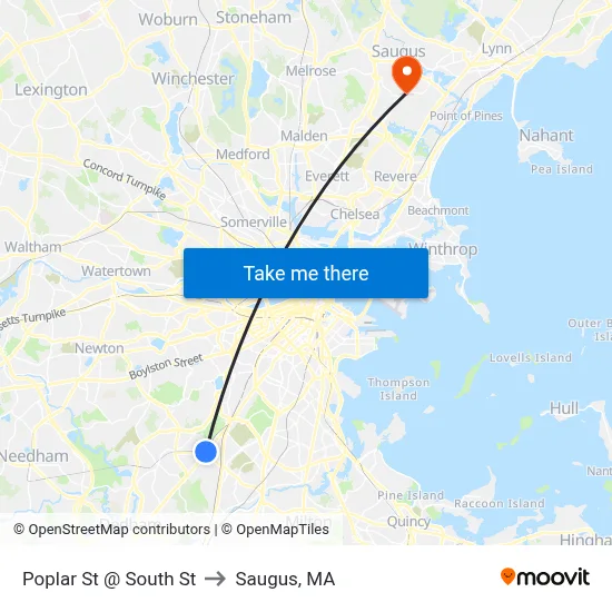 Poplar St @ South St to Saugus, MA map