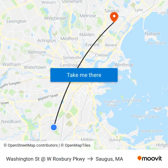 Washington St @ W Roxbury Pkwy to Saugus, MA map