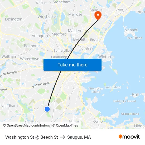 Washington St @ Beech St to Saugus, MA map