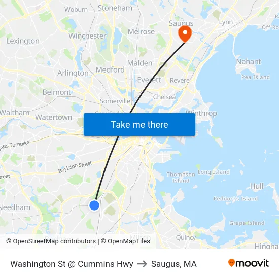 Washington St @ Cummins Hwy to Saugus, MA map