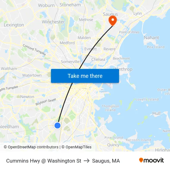 Cummins Hwy @ Washington St to Saugus, MA map