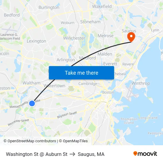 Washington St @ Auburn St to Saugus, MA map