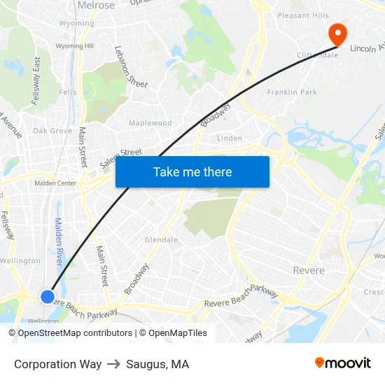 Corporation Way to Saugus, MA map